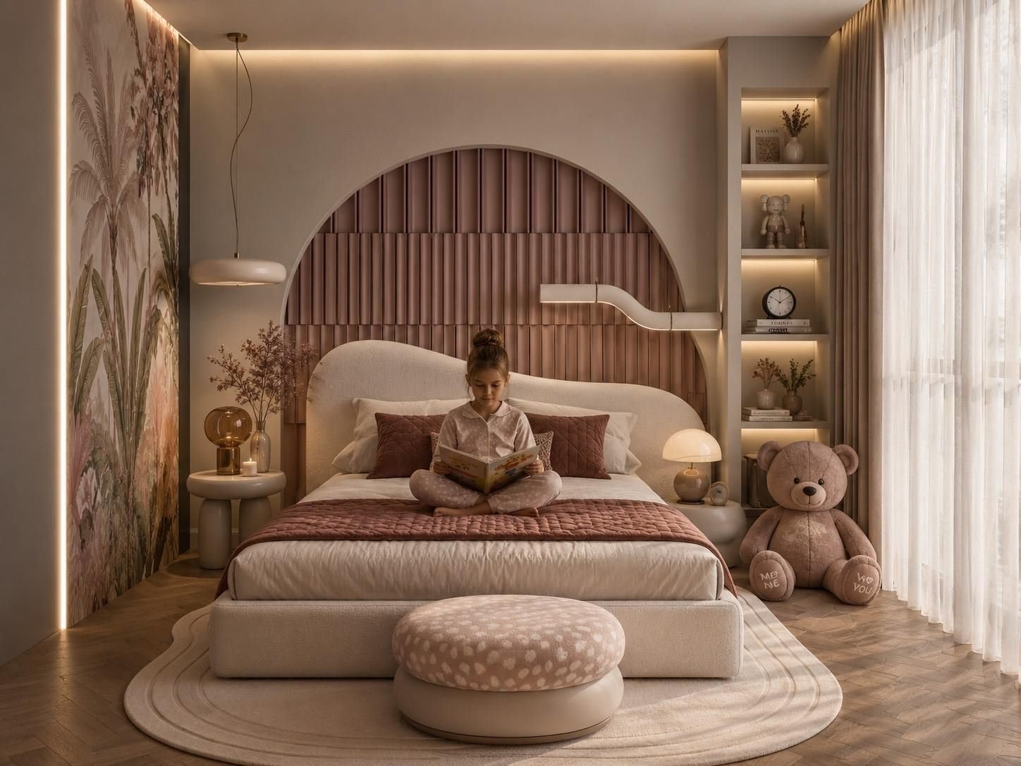 Chambre d'enfant, tête de lit arrondie et fresque végétale