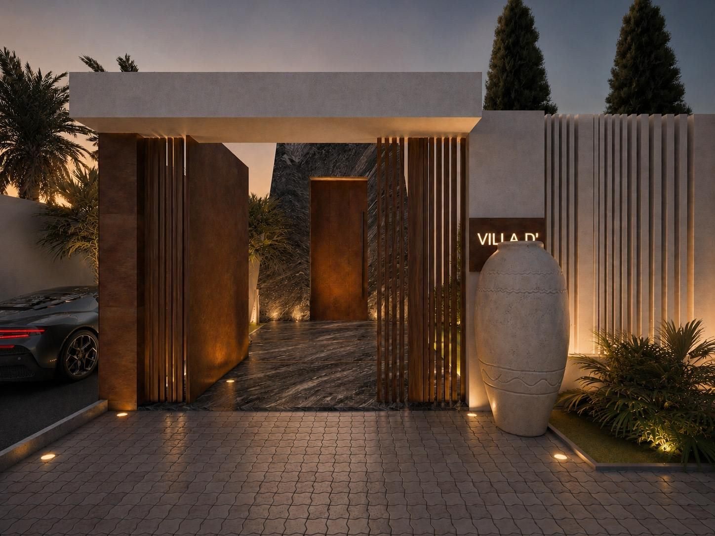 Entrée d'une villa du domaine, éclairage nocturne