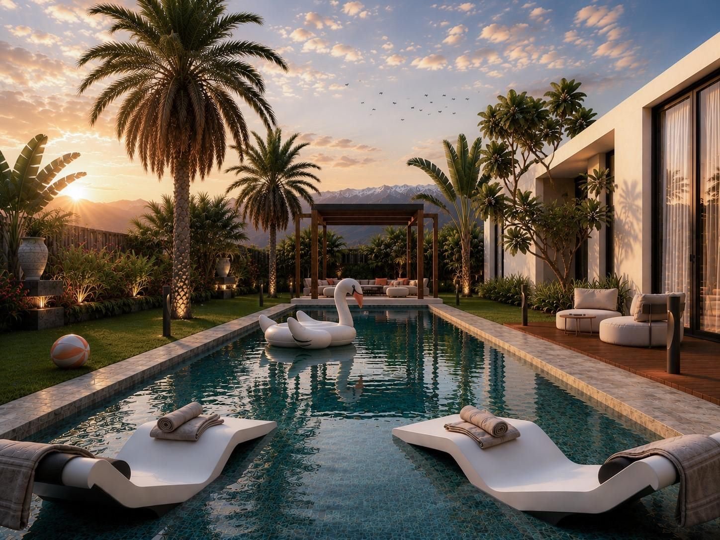 Piscine et jardin d'une villa au coucher du soleil, pergola et palmiers