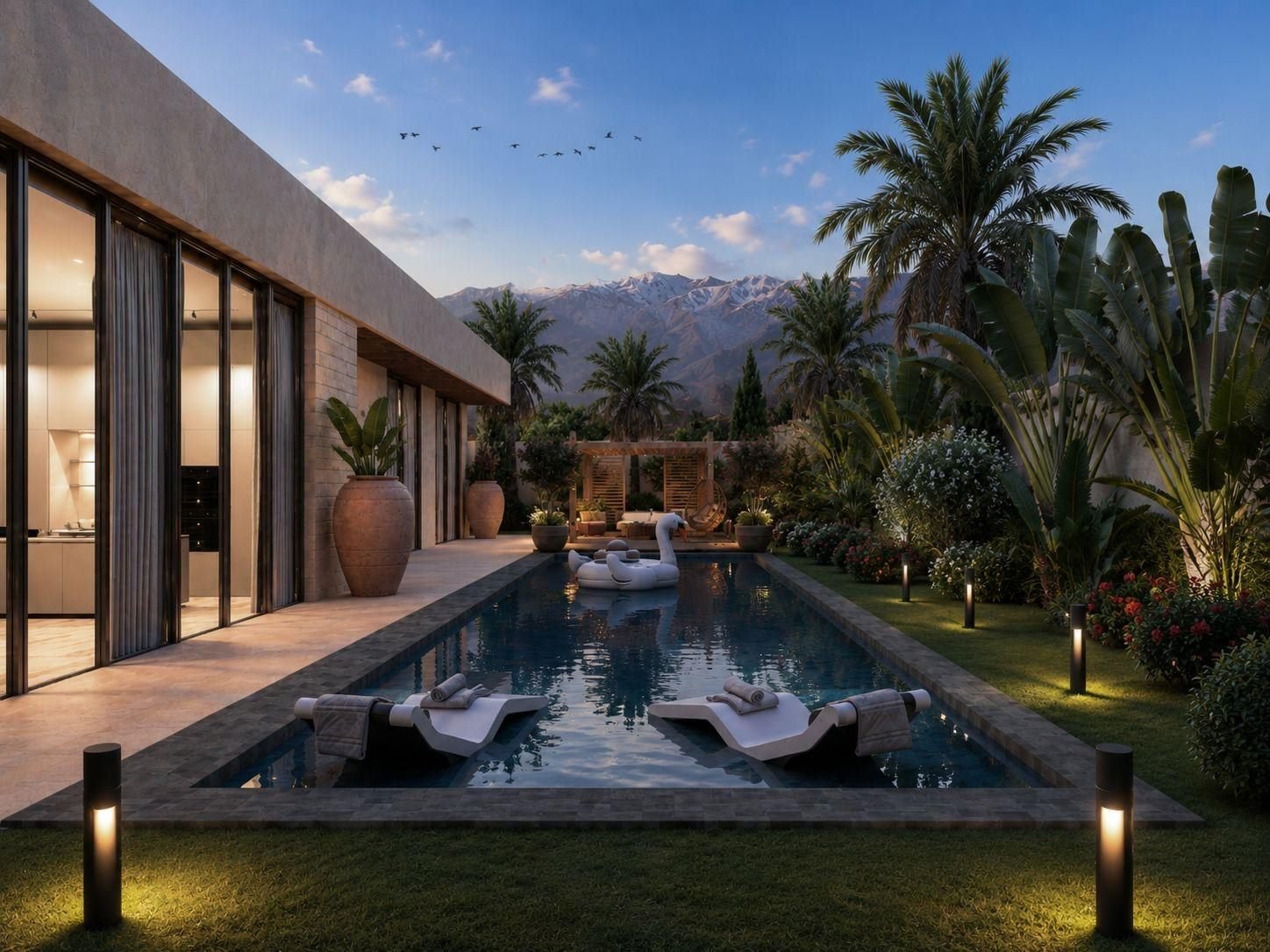 Piscine privée et jardin d'une villa, face aux sommets enneigés de l'Atlas