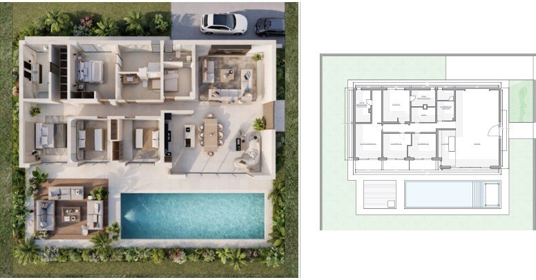 Villa Amor vue du dessus : plan 3D meublé avec piscine et jardin, et plan de niveau technique