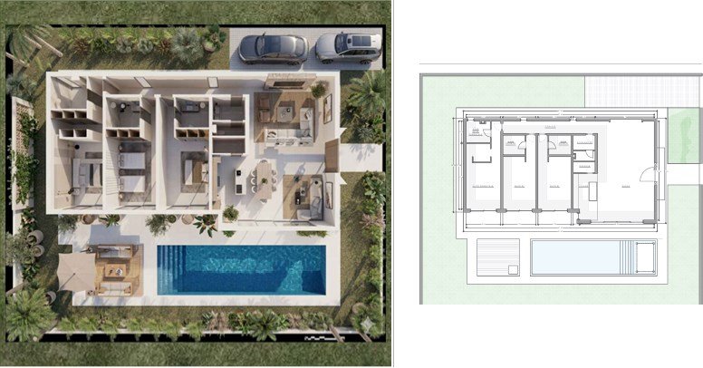 Villa Iris vue du dessus : plan 3D meublé avec piscine et jardin, et plan de niveau technique