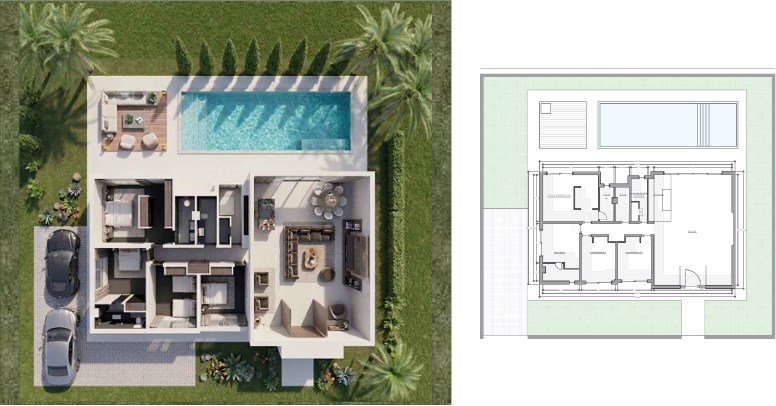 Villa Oria vue du dessus : plan 3D meublé avec piscine et jardin, et plan de niveau technique