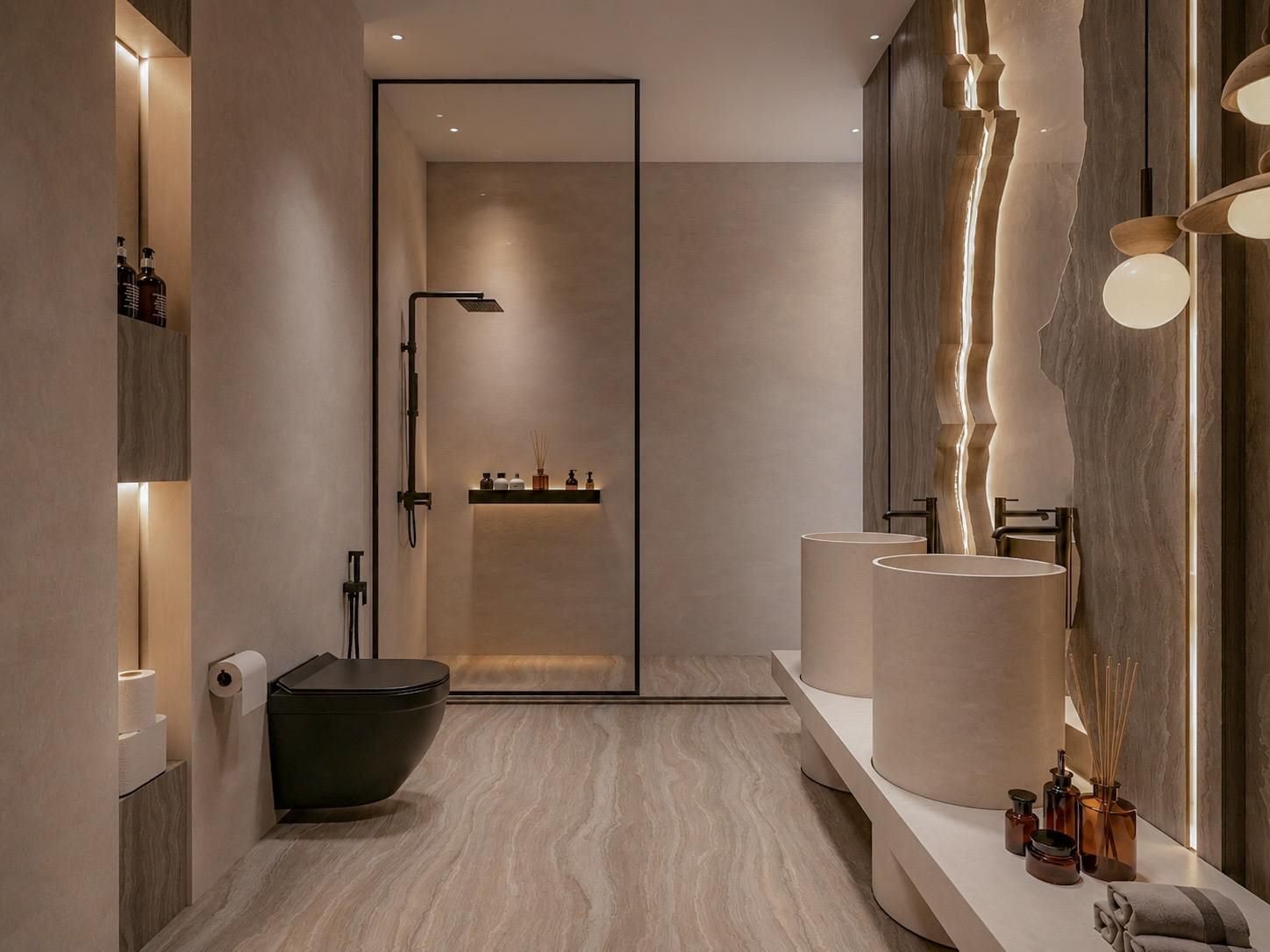 Salle de bain, rangements et éclairage indirect