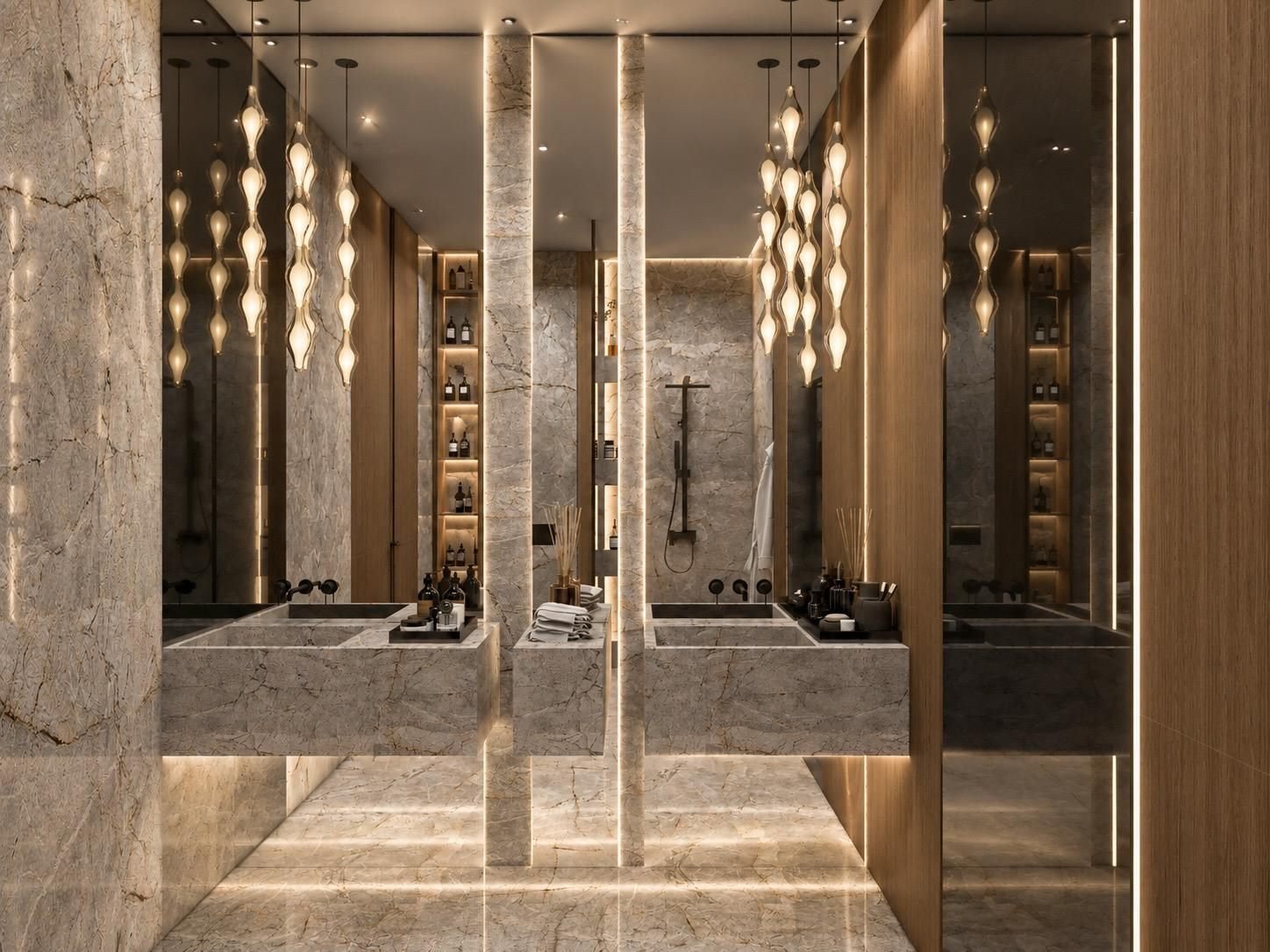 Salle de bain invités, jeu de miroirs et vasques en pierre